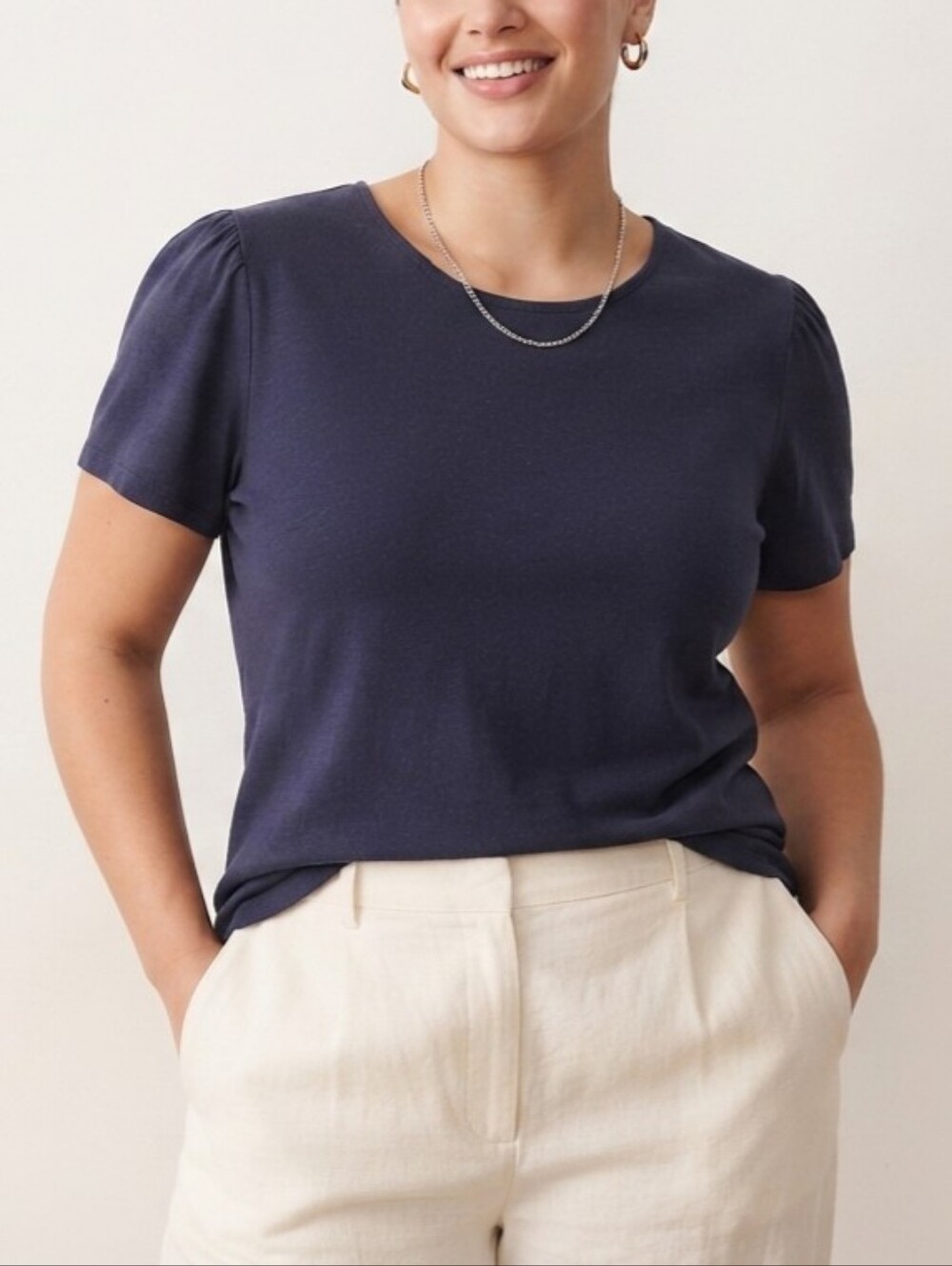 Sz M Smash + Tess Rayon Cotton Emma Gathered Puff Short Sleeve Tee - Navy